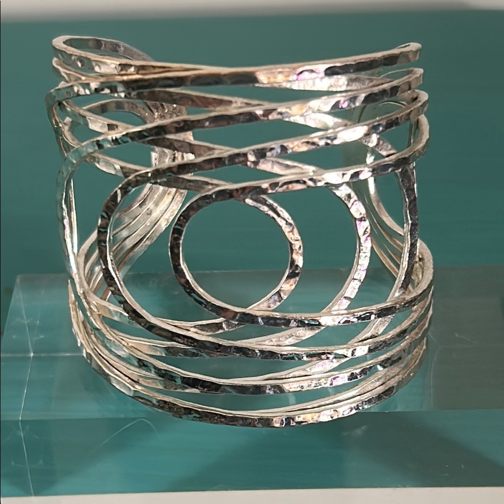 Artisan Hammered Silver Tone Art Deco Inspired Geometric Wide Cuff Bracelet
